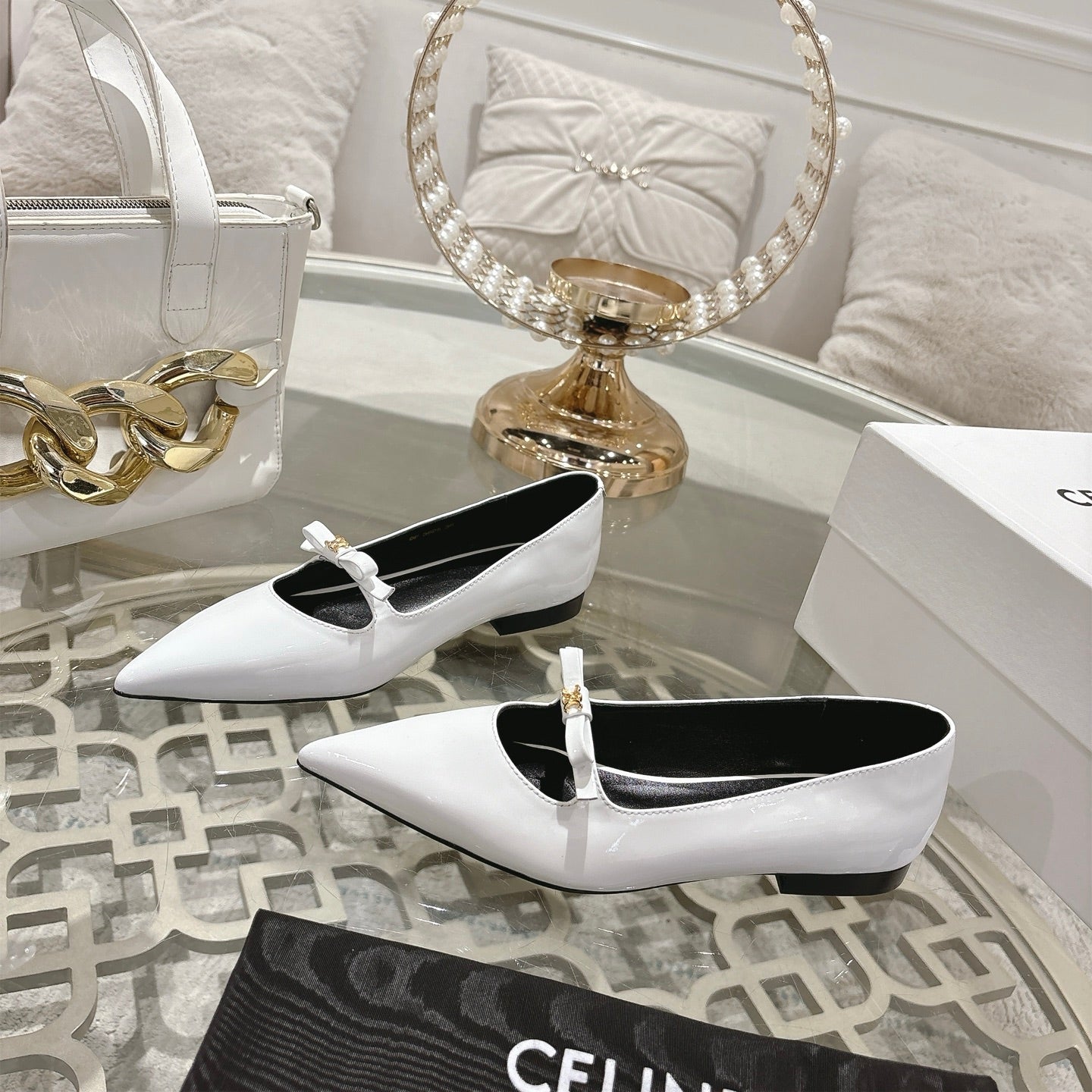 SUZY POINTY TOE BALLERINA IN WHITE PATENT CALFSKIN