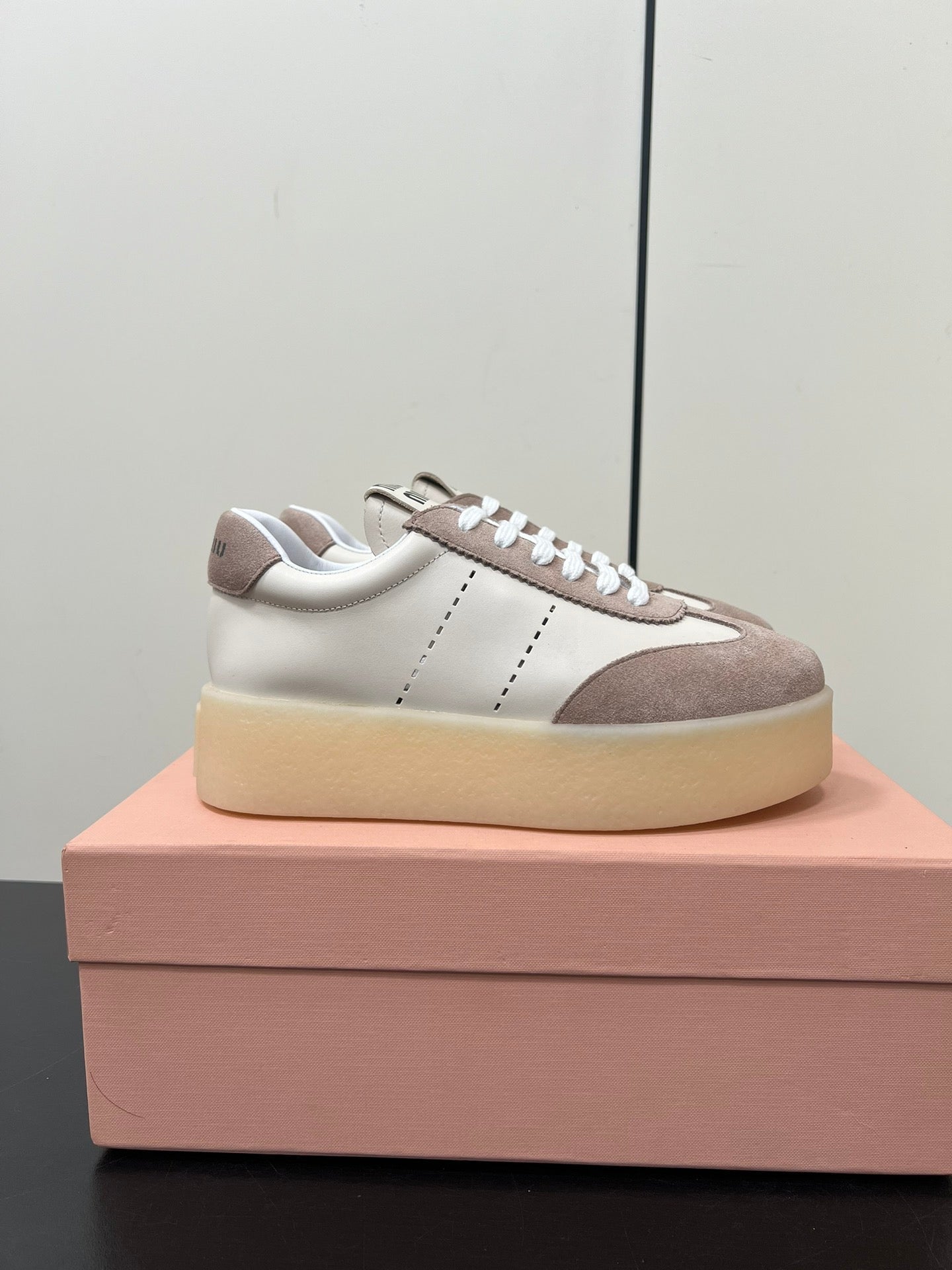 THICK-SOLED RETRO SNEAKERS IN CREAM LAMBSKIN AND PLASTER SUEDE