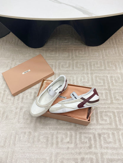 BALLET FLAT SHOES IN WHITE MESH AND BEIGE SUEDE