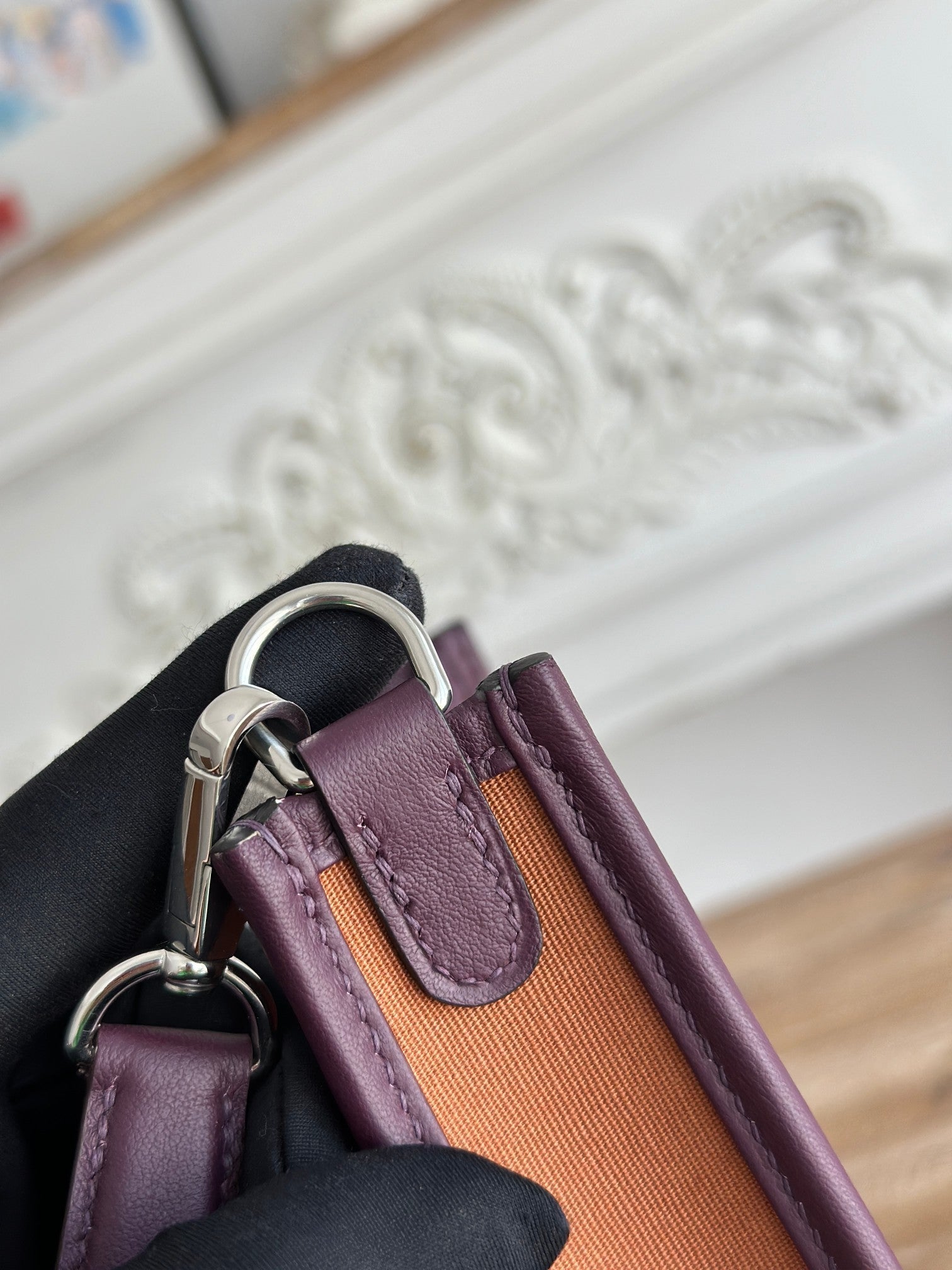 MINI NEO 17 EVELYNE BAG IN BRONZE BROWN CANVAS AND PLUM PURPLE CALFSKIN
