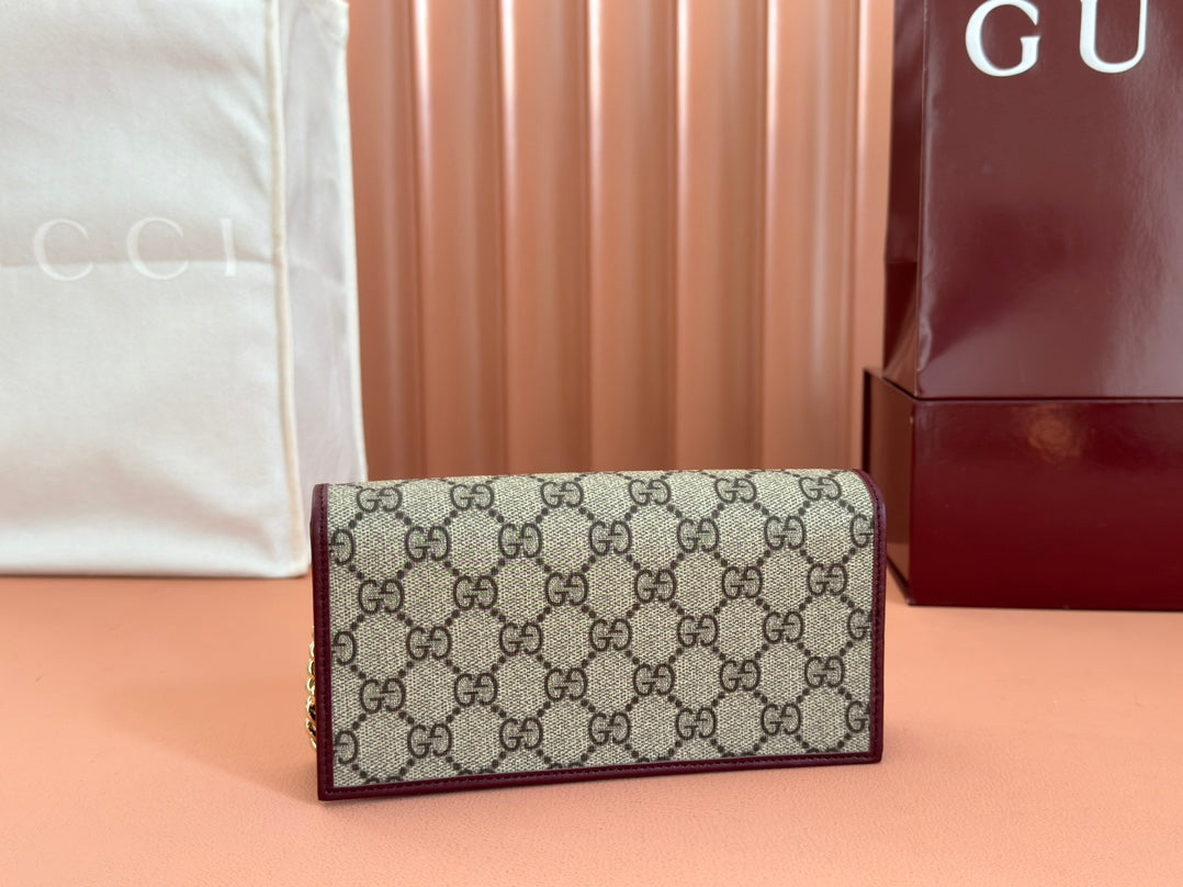 HORSEBIT 1955 WALLET ON CHAIN 19 IN BEIGE DARK BROWN NEW GG AND ROSSO ANCORA RED CALFSKIN