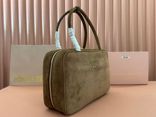 BEAU TOP HANDLE BAG 34 IN COFFEE BROWN SUEDE EMBOSSED LOGO
