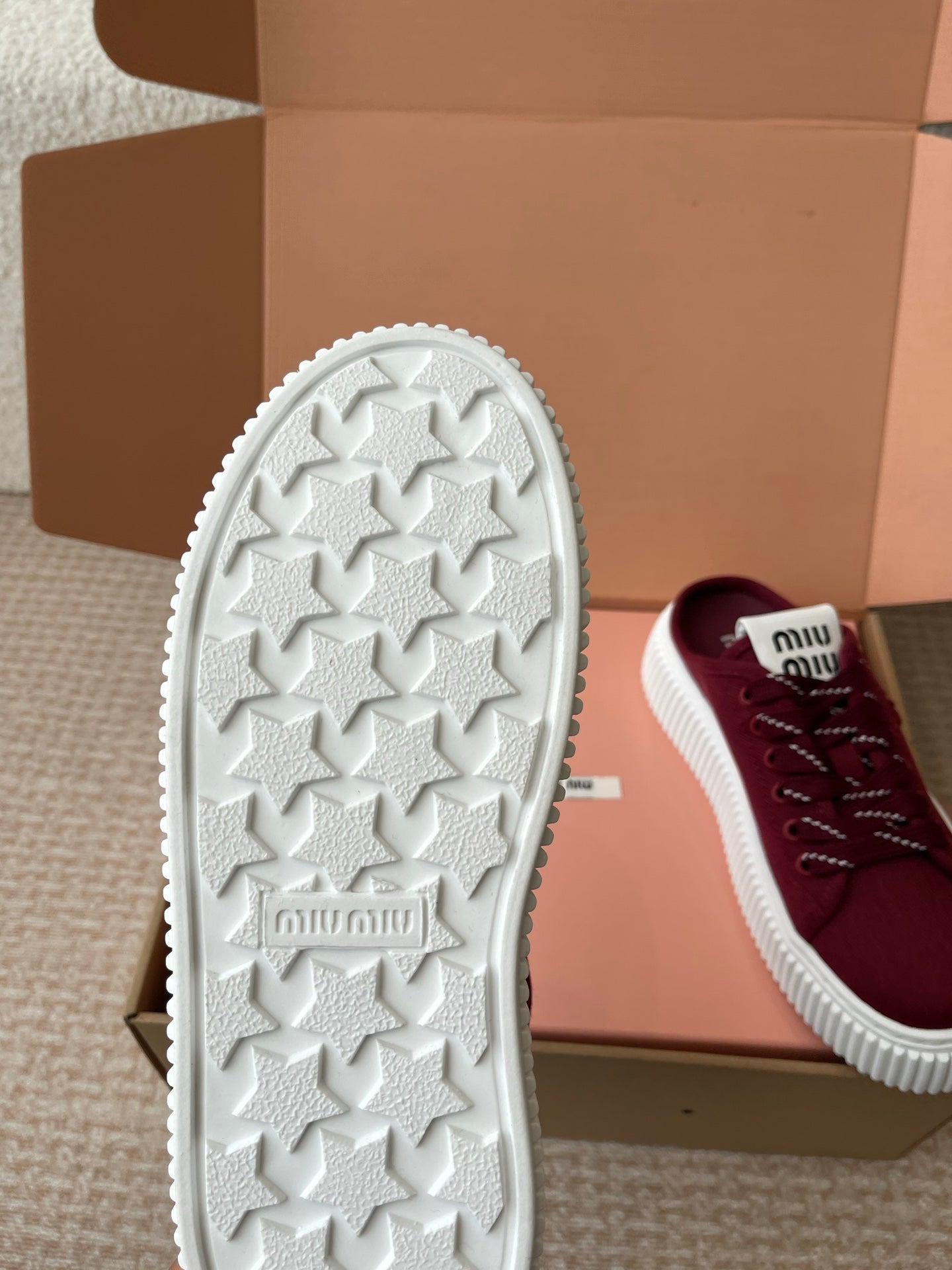 WASH SNEAKER MULES IN BURGUNDY RED DENIM STRIPED LACES