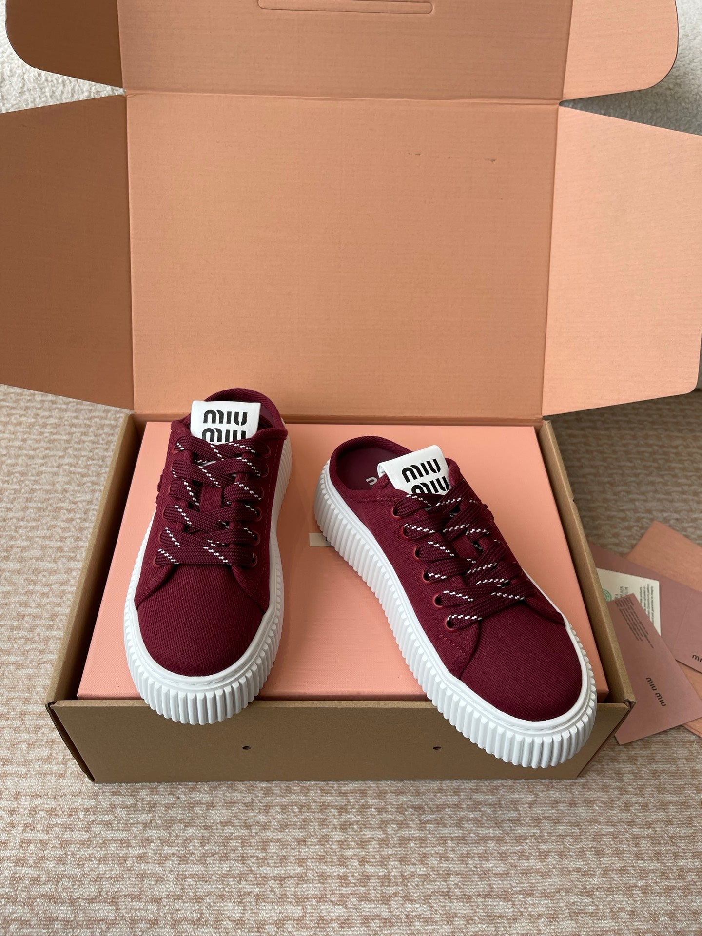WASH SNEAKER MULES IN BURGUNDY RED DENIM STRIPED LACES