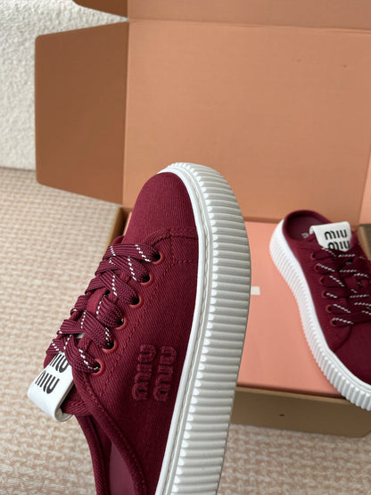 WASH SNEAKER MULES IN BURGUNDY RED DENIM STRIPED LACES