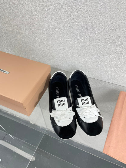 Black Leather Ballet Flats With White