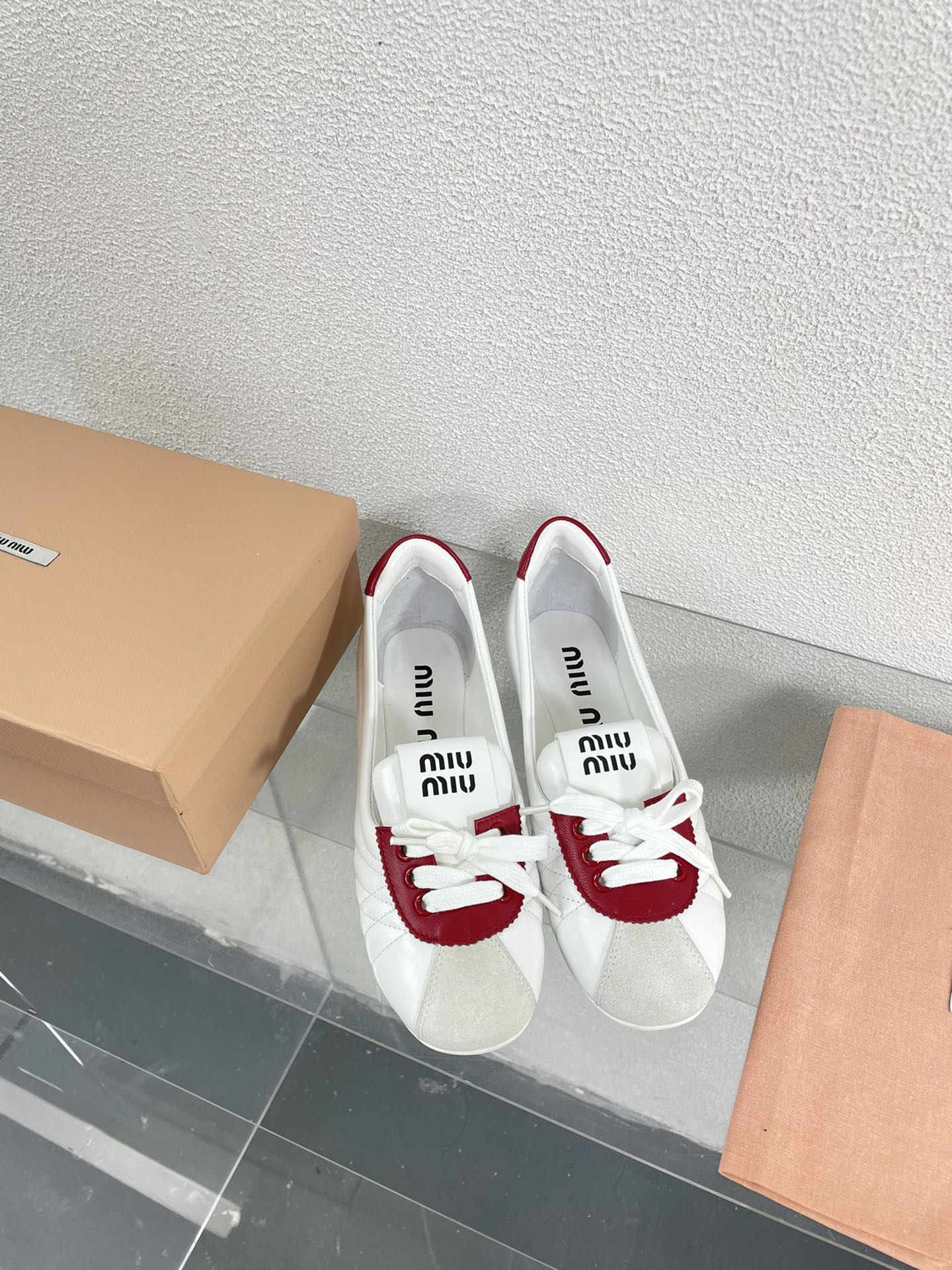 White Leather Ballet Flats With Red