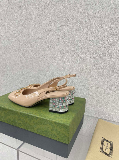 GG WOMEN'S HORSEBIT SLINGBACK IN TAN BEIGE CALFSKIN WITH RHINSTONES