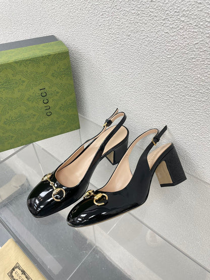 GG WOMEN'S HORSEBIT SLINGBACK 65MM IN BLACK CALFSKIN