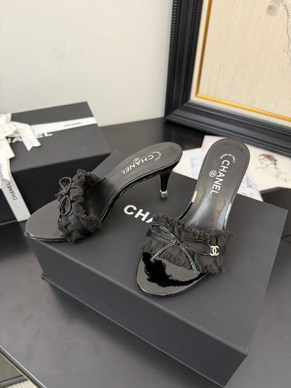 BLACK GROSGRAIN CANVAS BOW MULE SANDALS 90 MM