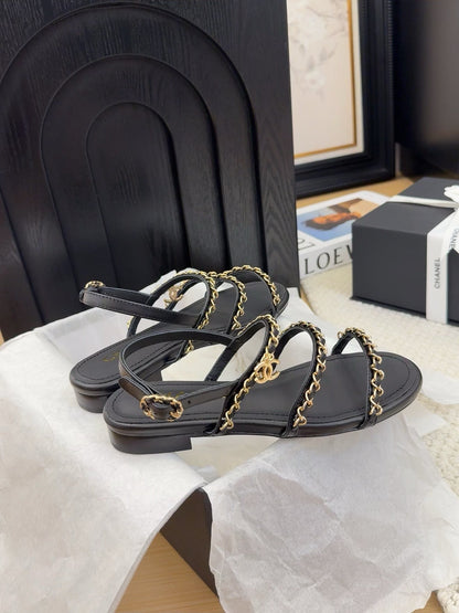THREE-STRAPS SANDALS IN BLACK CALFSKIN WITH GOLD HARDWARE