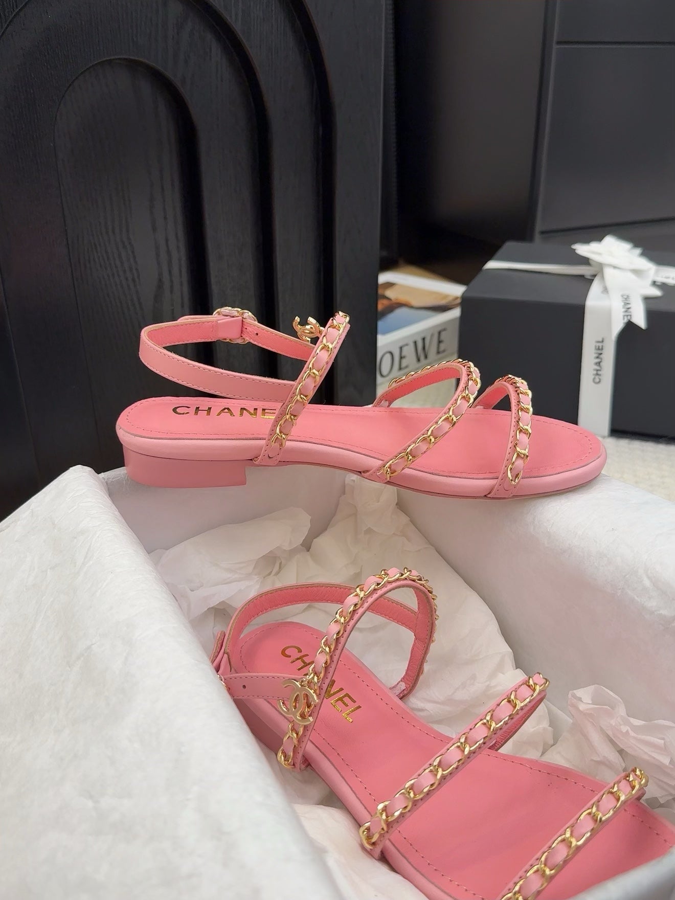 THREE-STRAPS SANDALS IN FLAMINGO PINK CALFSKIN WITH GOLD HARDWARE