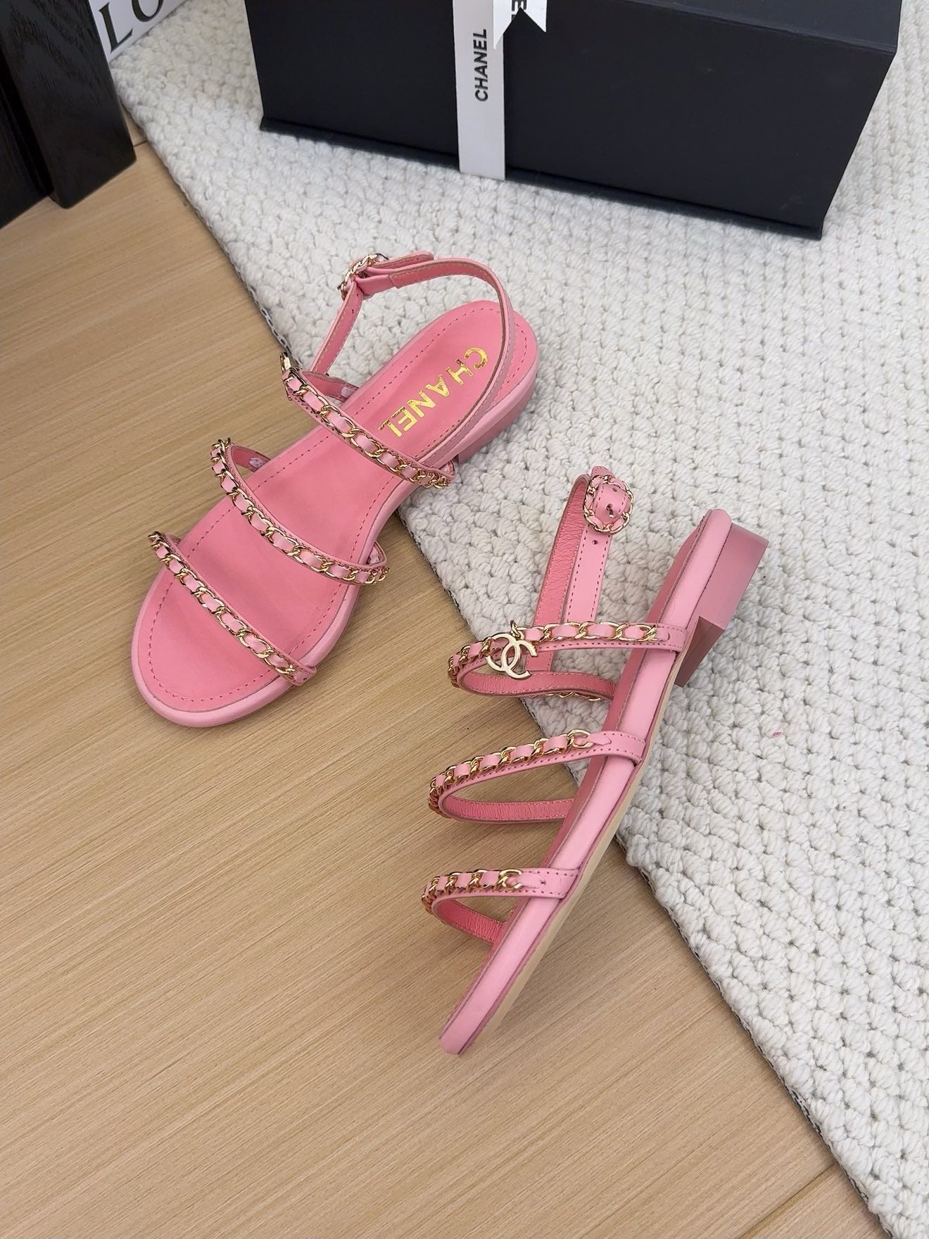 THREE-STRAPS SANDALS IN FLAMINGO PINK CALFSKIN WITH GOLD HARDWARE