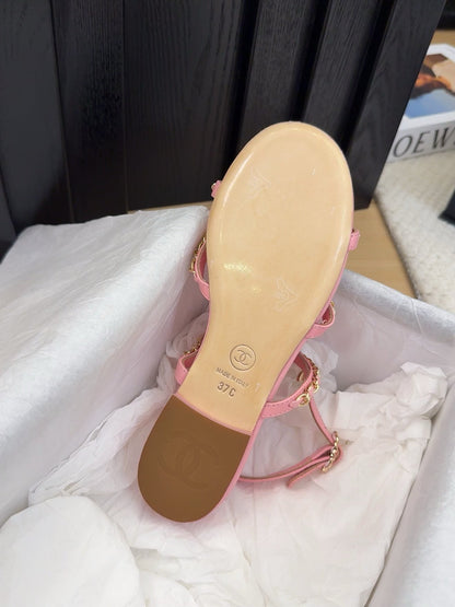 THREE-STRAPS SANDALS IN FLAMINGO PINK CALFSKIN WITH GOLD HARDWARE