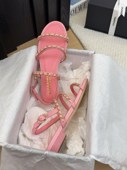 THREE-STRAPS SANDALS IN FLAMINGO PINK CALFSKIN WITH GOLD HARDWARE