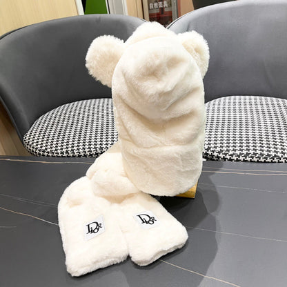 PLUSH WARM HAT IN WHITE RABBIT FUR WITH FOX EARS 439587