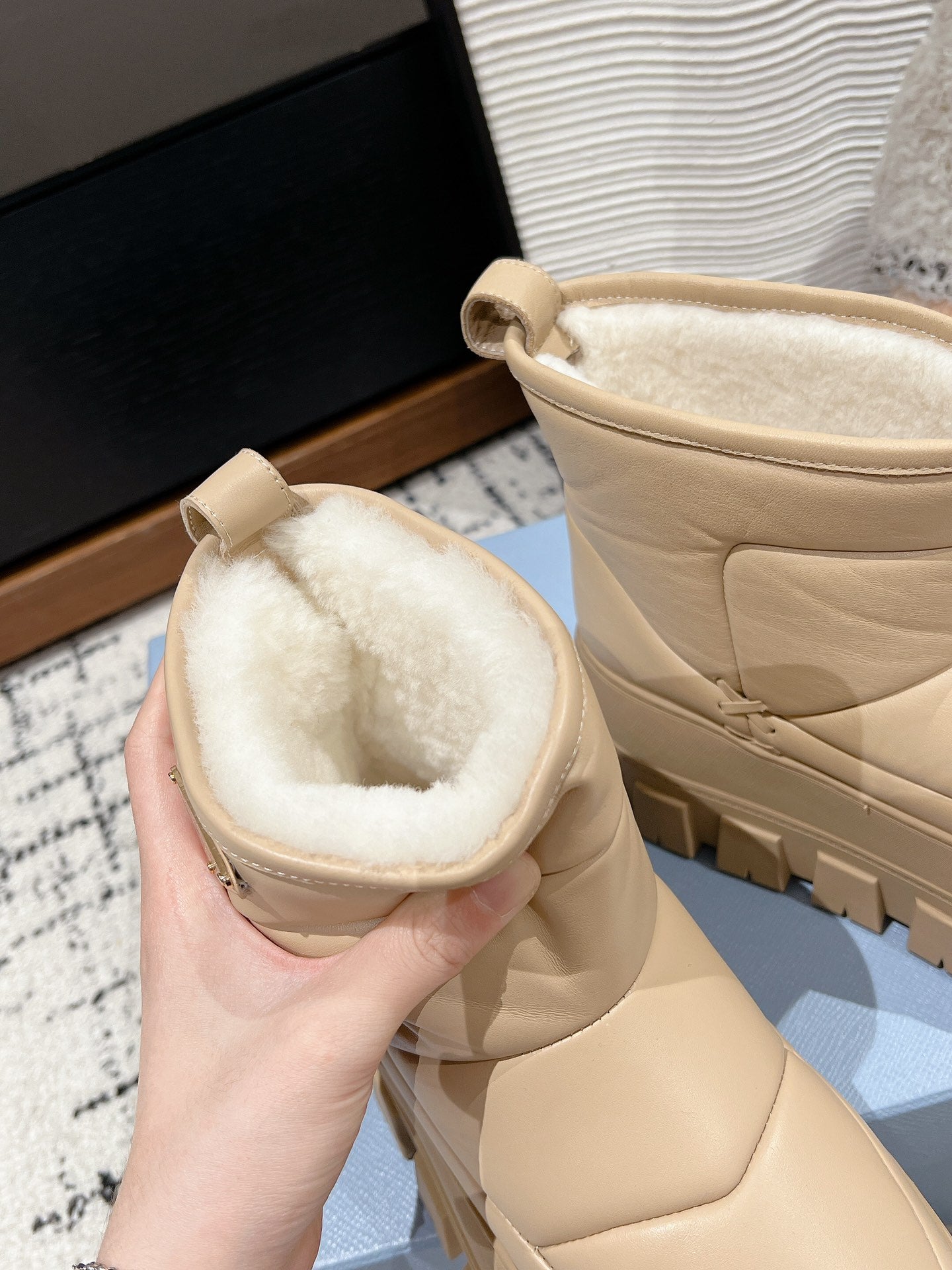 MONOLITH ANKLE BOOTS WITH STRAP IN BUFF BEIGE CALFSKIN AND FLEECE LINING