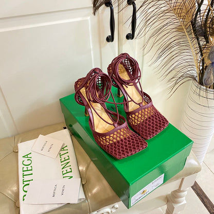 STRETCH LACE-UP SANDAL IN WINE RED METALLIZED MESH AND LEATHER 9 CM
