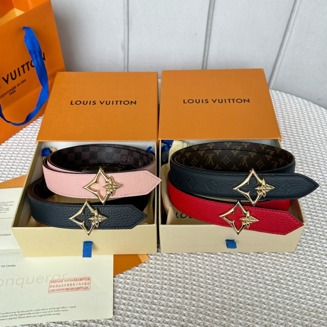 LV FLOWERGRAM 30MM REVERSIBLE BELT IN LIGHT PINK CALFSKIN GOLD HARDWARE