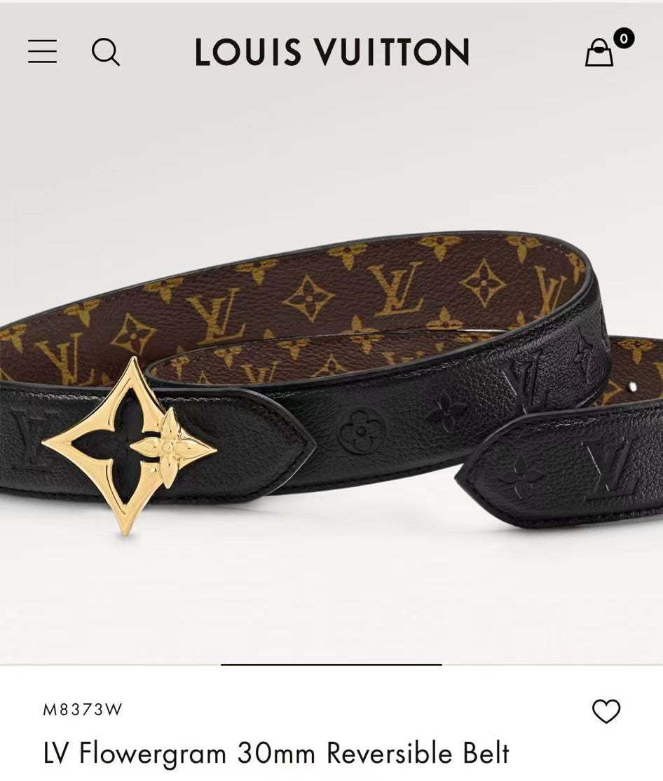 LV FLOWERGRAM 30MM REVERSIBLE BELT IN BLACK EMBOSSED CALFSKIN GOLD HARDWARE