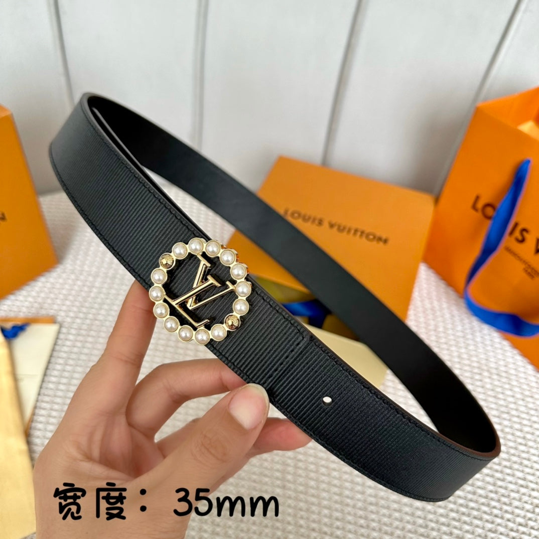 LV CIRCLE PEARL 35MM REVERSIBLE BELT IN BLACK CALFSKIN GOLD HARDWARE