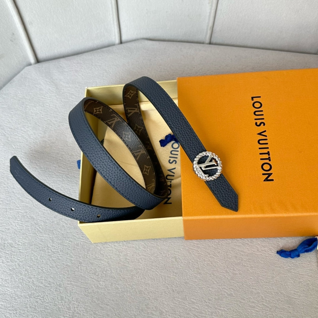 LV Circle Nautical 20mm Reversible Belt Silver Buckle Navy Blue Brown Leather