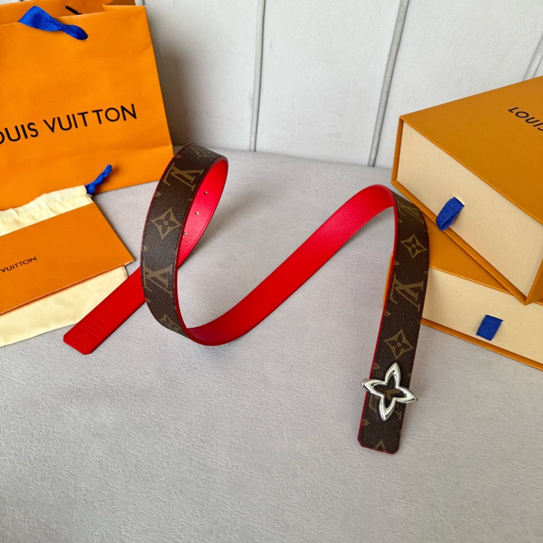 LV Flowergram 30mm Reversible Belt Silver Buckle Red Brown Leather