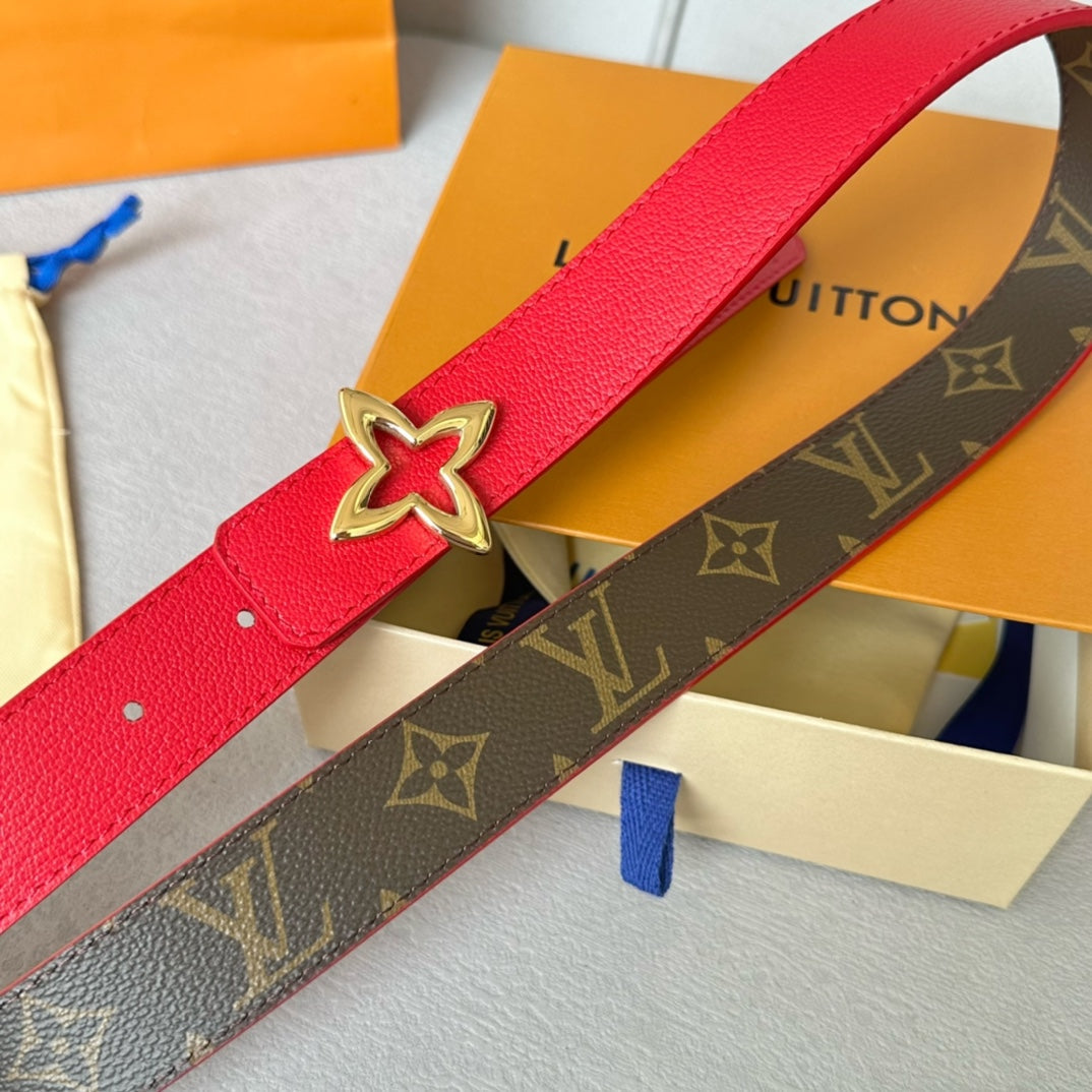 LV  MINI FLOWERGRAM 30MM REVERSIBLE BELT IN CHERRY RED CALFSKIN GOLD HARDWARE