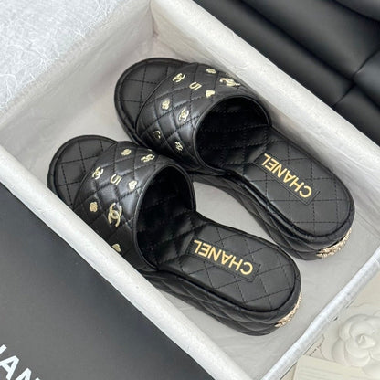 Thick Sole Slope Heel Weddge Lambskin Black