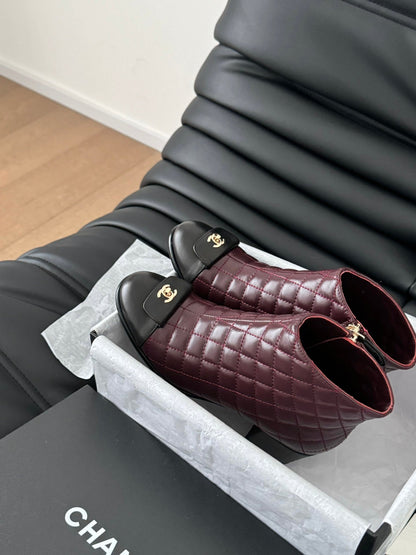 CC SHORT BOOTS 65 MM IN SANGRIA PURPLE MIX BLACK QUILTED PATTERN LAMBSKIN