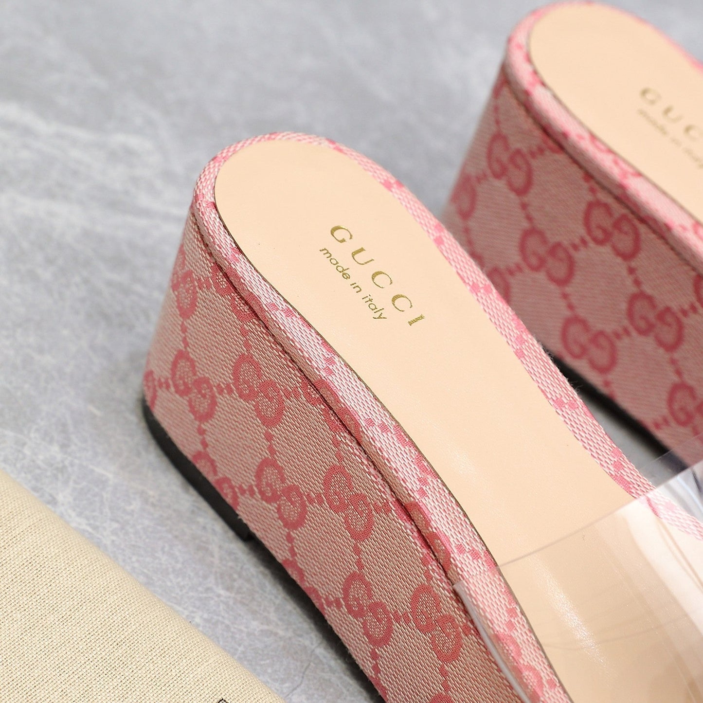 HIGH WEDGE PLATFORM IN LIGHT PINK CANVAS WITH DOUBLE CRYSTAL G BUCKLE