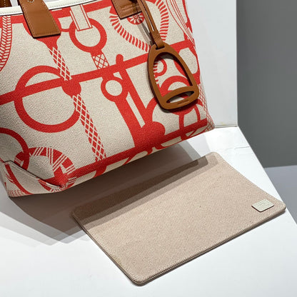 STEEPLE 28 BAG IN OFF-WHITE MIX LIGHT RED CANVAS AND BROWN SWIFT LEATHER
