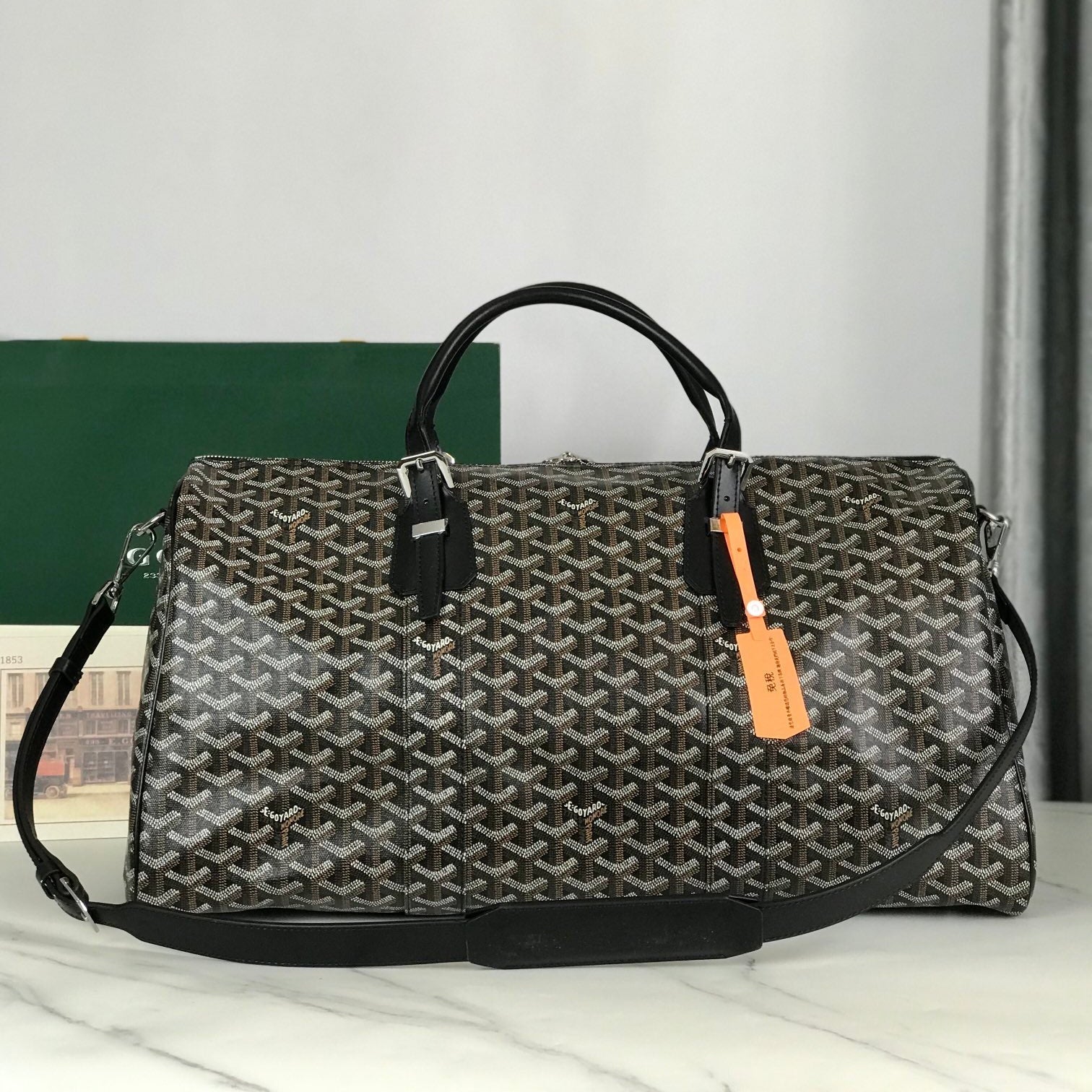 BOSTON 50 BAG IN BLACK GOYARDINE CANVAS AND CALFSKIN TRIM