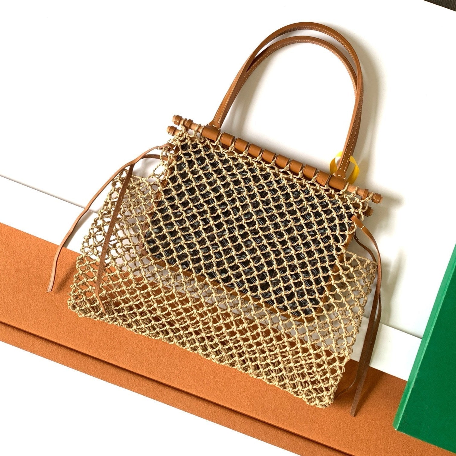 ALIGRE BAG 34 IN BROWN WOVEN RAFFIA AND CALFSKIN