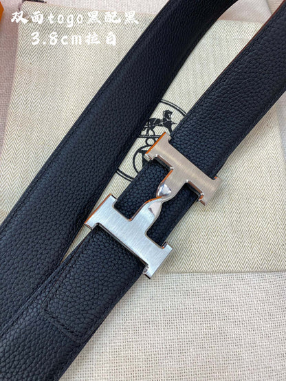 HM H BELT BUCKLE & REVERSIBLE BLACK LEATHER STRAP 38MM SILVER HARDWARE