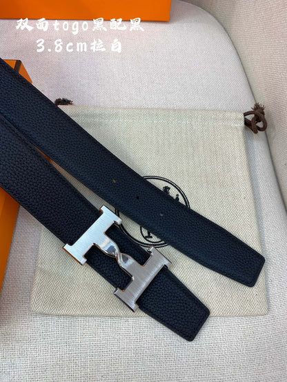 HM H BELT BUCKLE & REVERSIBLE BLACK LEATHER STRAP 38MM SILVER HARDWARE