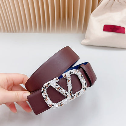Vlogo Brown Black White Stone Silver Buckle Belt 40mm Chocolate Blue Leather