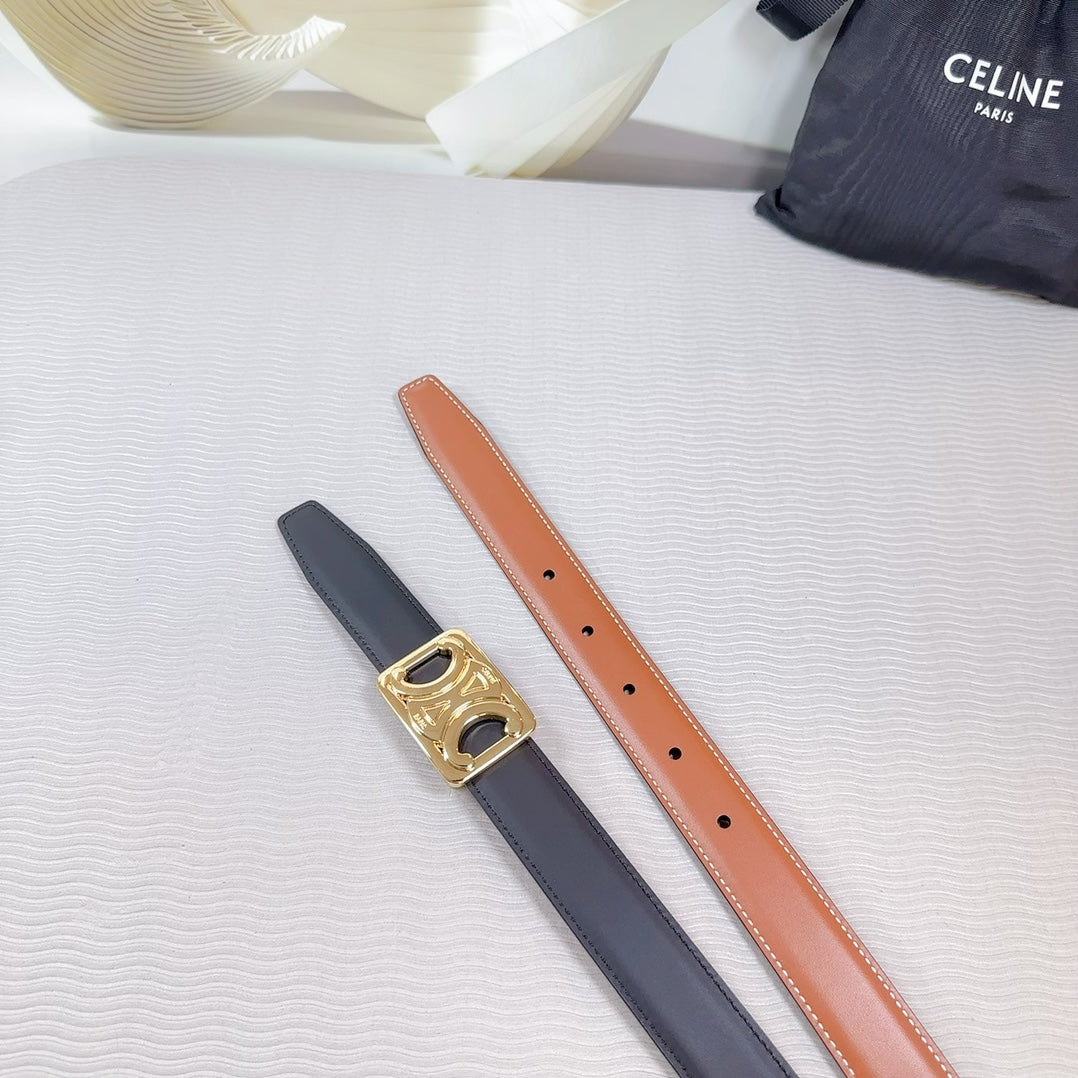 CL MEDIUM 25 MM REVERSIBLE FRAMED TRIOMPHE BELT BLACK AND BRONZE BROWN CALFSKIN LIGHT GOLD HARDWARE