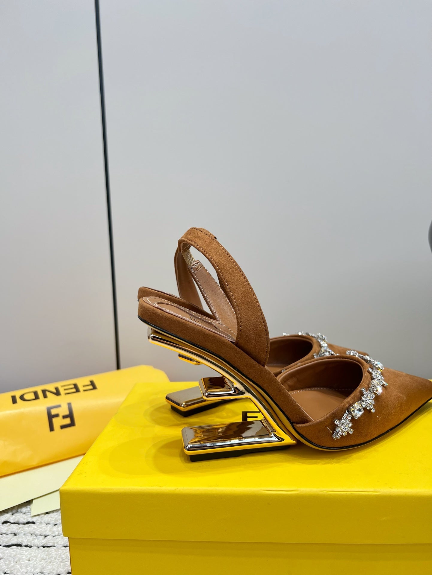 FENDI CRYSTAL HIGH-HEELED SLINGBACK 7 CM IN BRONZE BROWN SUEDE