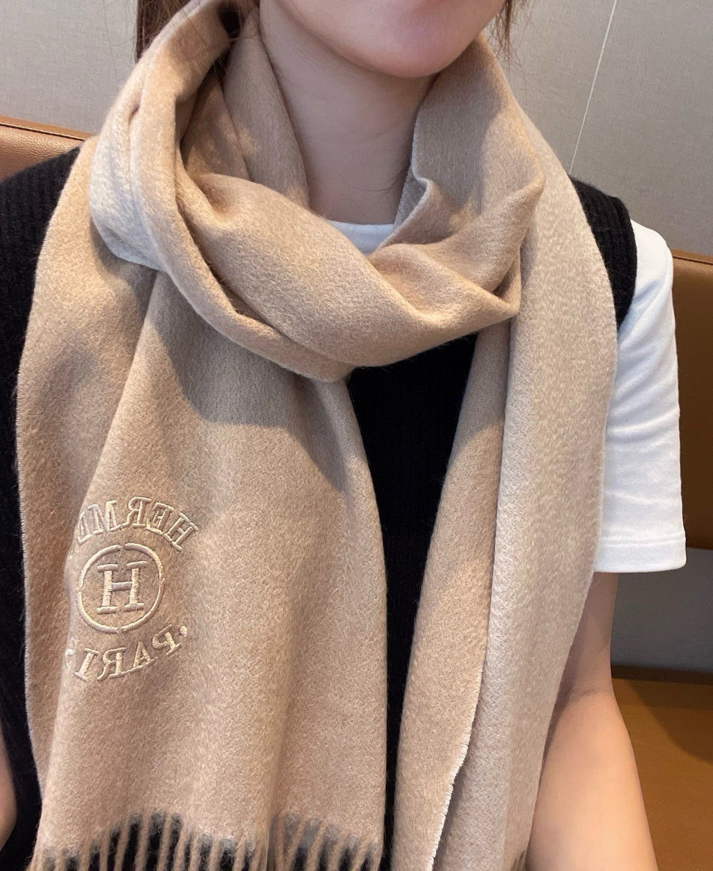 RECTO-VERSO MUFFLER 190 TAN BROWN CASHMERE