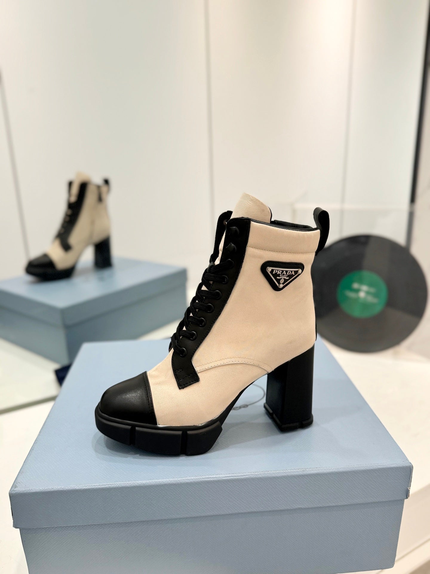PRA RE-NYLON AND LEATHER BOOTIES PASTEL PINK