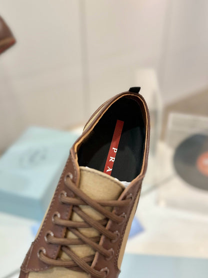 SNEAKERS IN BROWN LAMBSKIN AND BEIGE CANVAS