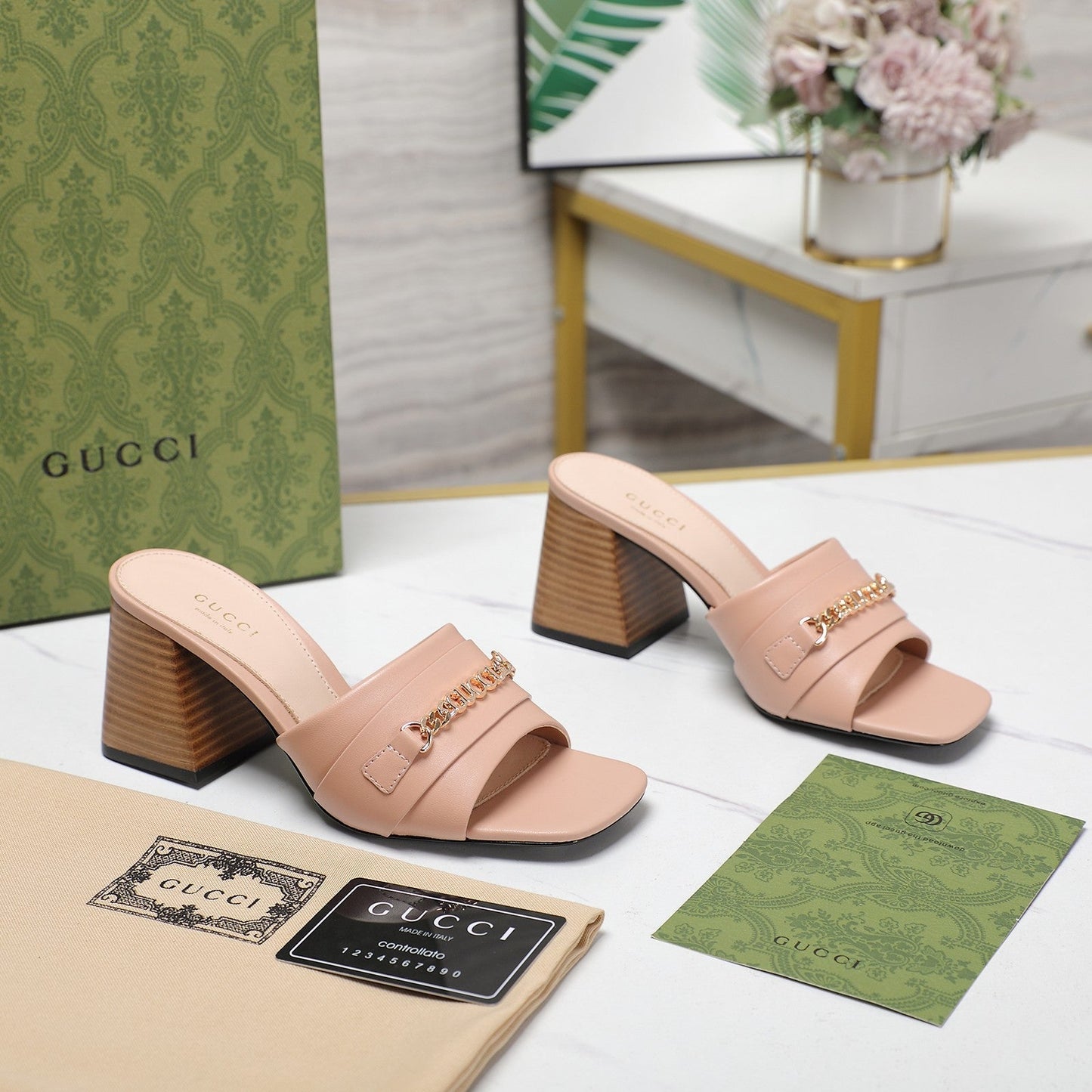 GG High Heels Half Slippers Pink