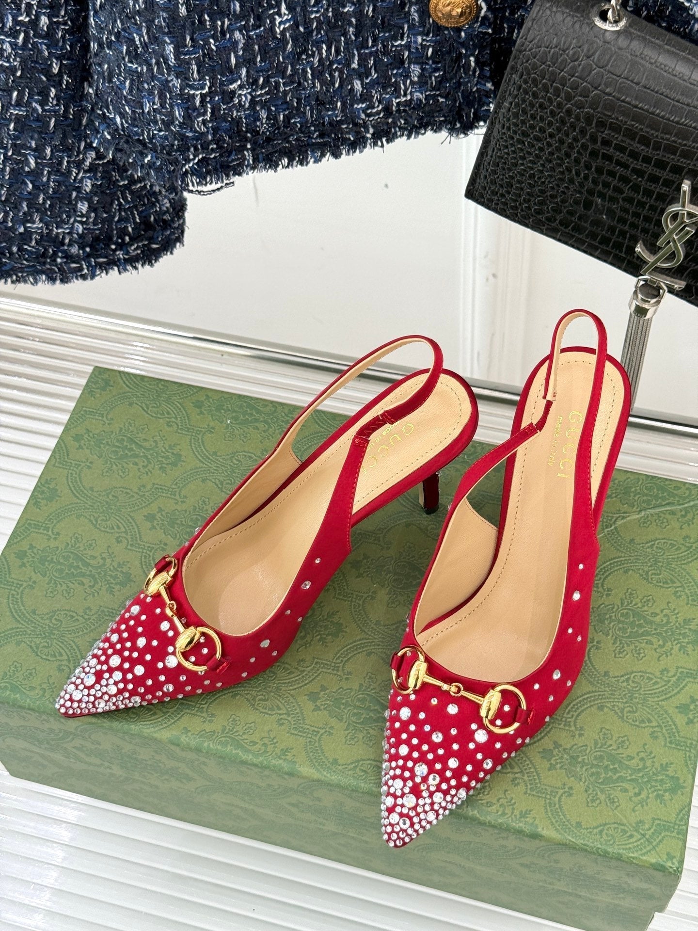 HIGH SLINGBACK 8.5 CM IN RED FABRIC WITH RHINESTONE EMBELLISHMENTS