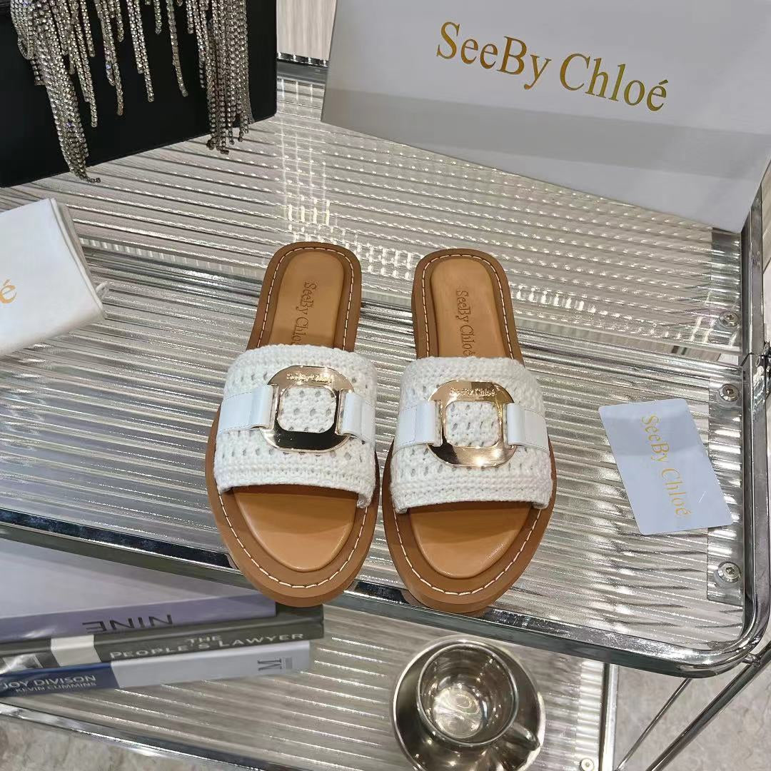 WOVEN SLIDE MULE IN WHITE WOOL AND BROWN LAMBSKIN GOLD HARDWARE