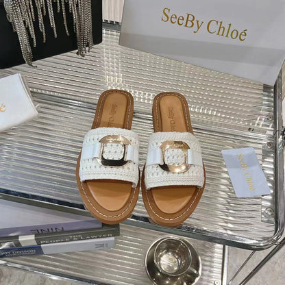WOVEN SLIDE MULE IN WHITE WOOL AND BROWN LAMBSKIN GOLD HARDWARE