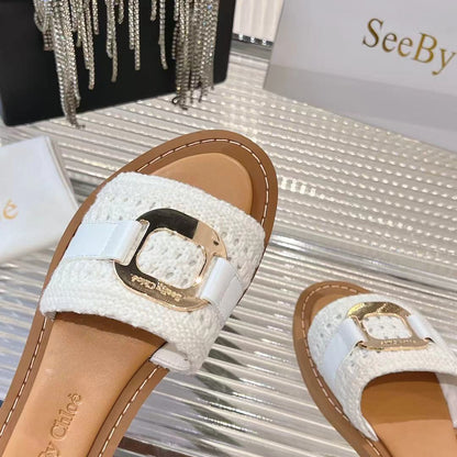 WOVEN SLIDE MULE IN WHITE WOOL AND BROWN LAMBSKIN GOLD HARDWARE