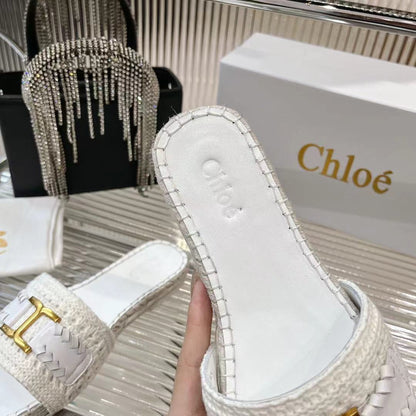 WOVEN SLIPPER IN WHITE WOOL AND LAMBSKIN GOLD HARDWARE
