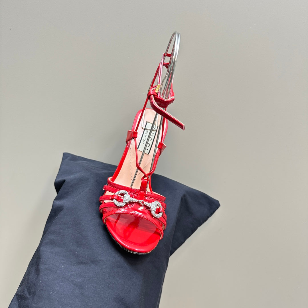 CRYSTAL HORSEBIT STRAPPY SANDAL 10.5CM IN RED PATENT LEATHER