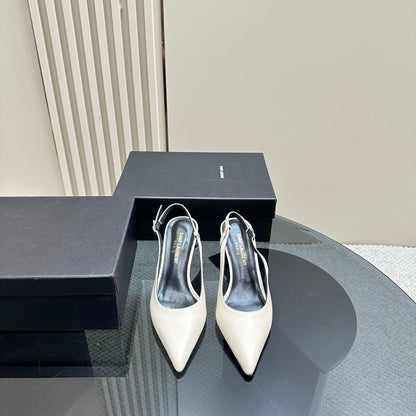 SL TRAPEZE HEEL SLINGBACK PUMP WHITE CALFSKIN